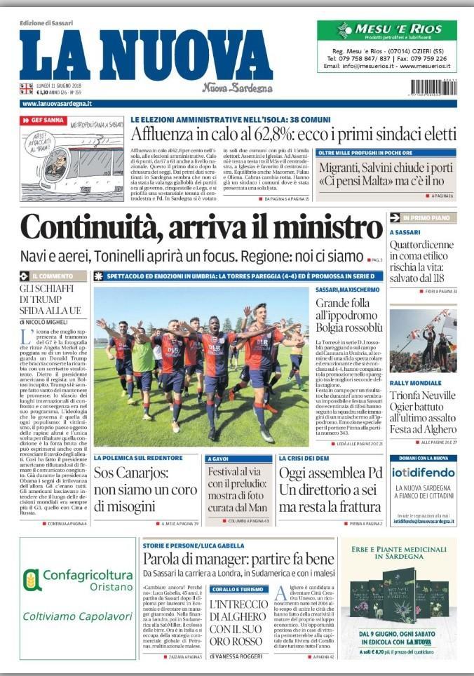 La Nuova Sardegna - Prima Pagina - 11 giugno 2018