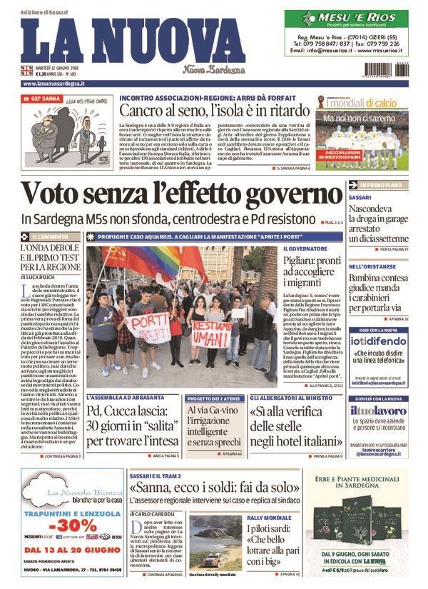 La Nuova Sardegna - Prima Pagina - 12 giugno 2018