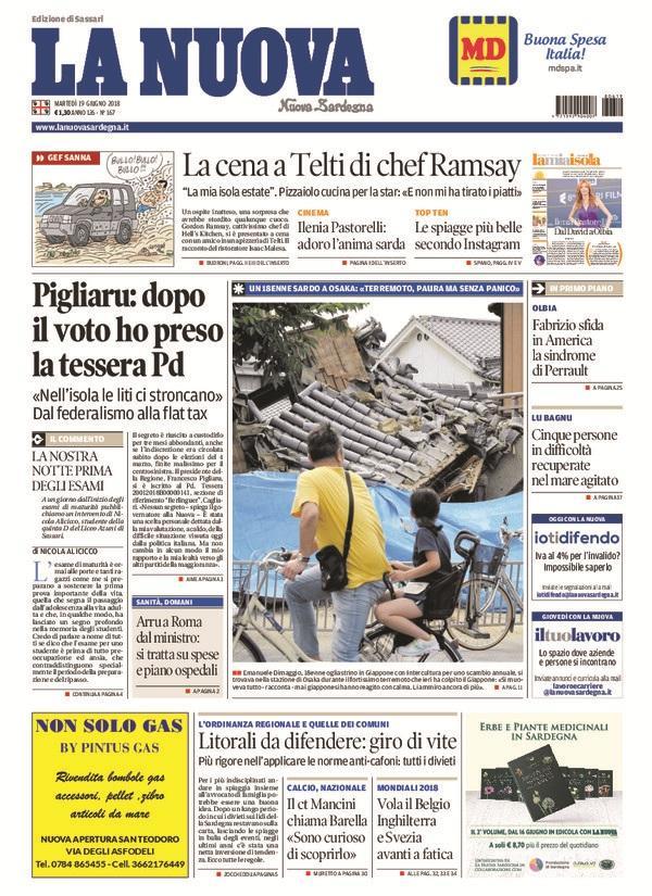 La Nuova Sardegna - Prima Pagina - 19 giugno 2018