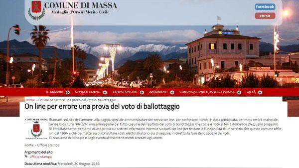 Elezioni a Massa: Volpi vince il ballottaggio... ma è solo un errore sul sito del Comune