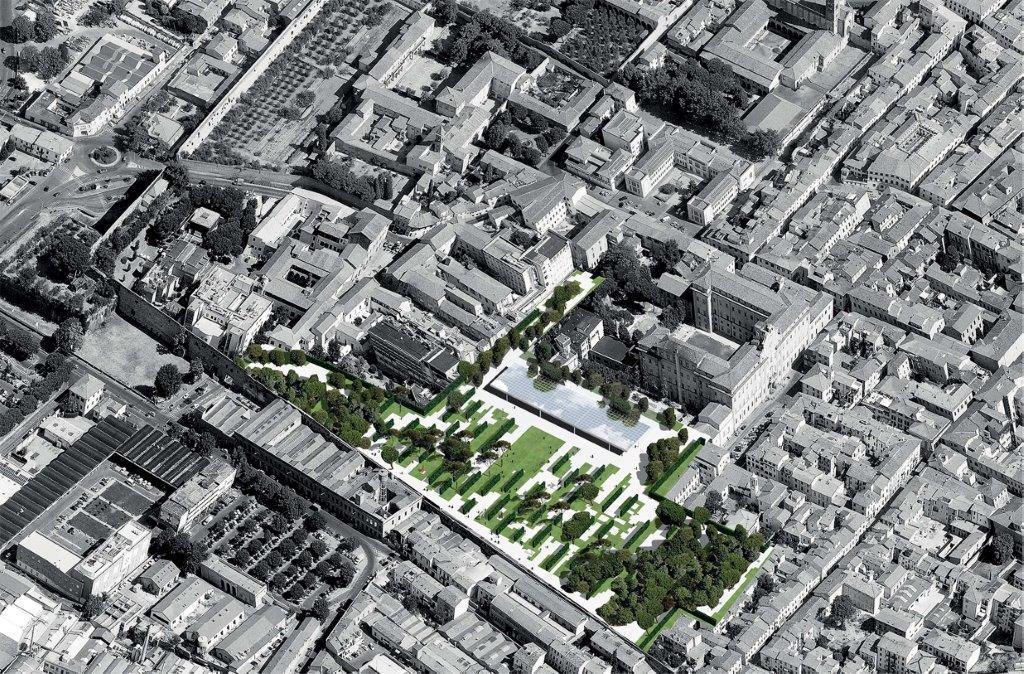 Un rendering su come verrà il parco urbano al posto del vecchio ospedale
