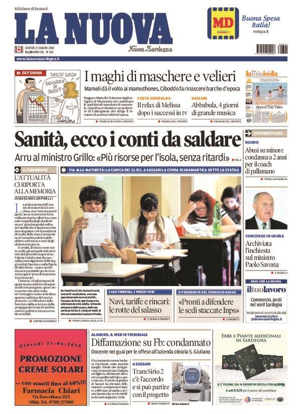 La Nuova Sardegna - Prima Pagina - 21 giugno 2018