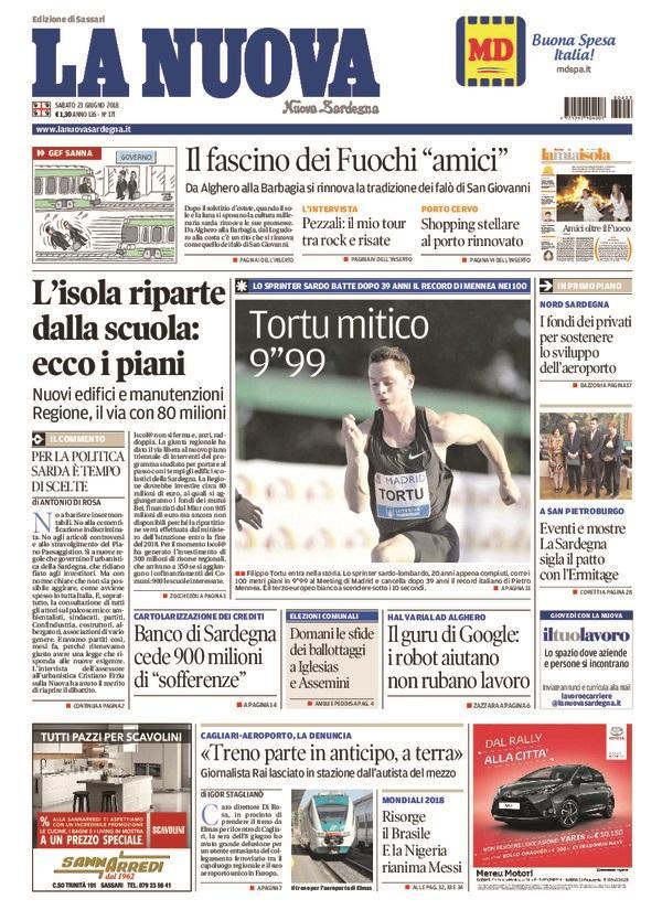 La Nuova Sardegna - Prima Pagina - 23 giugno 2018