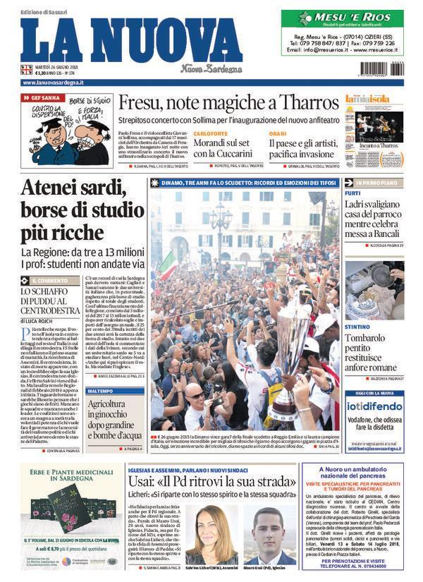 La Nuova Sardegna - Prima Pagina - 26 giugno 2018