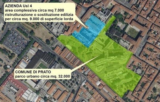 L'area del vecchio ospedale con il progetto per la sua demolizione ed il parco urbano