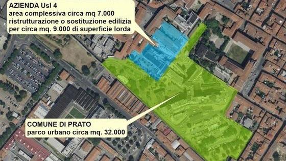 L'area del vecchio ospedale con il progetto per la sua demolizione ed il parco urbano