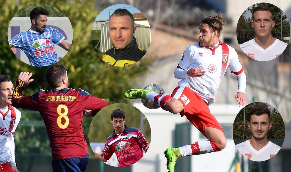 Nella foto grande Faenzi; dall’alto in senso orario, Angelini, Paoloni, Bigoni, Kacka e Ferrari. Sono alcuni dei protagonisti del calciomercato dei dilettanti