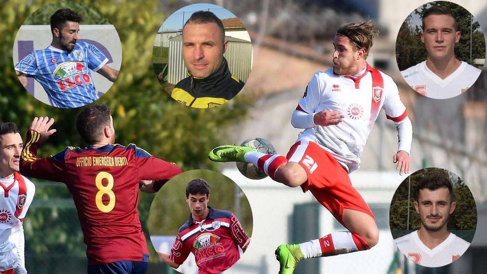 Nella foto grande Faenzi; dall’alto in senso orario, Angelini, Paoloni, Bigoni, Kacka e Ferrari. Sono alcuni dei protagonisti del calciomercato dei dilettanti