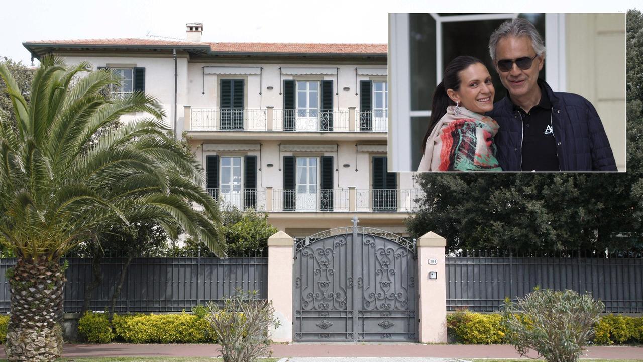 La villa di Vittoria Apuana. Nel riquadro, Bocelli con la moglie Veronica Berti