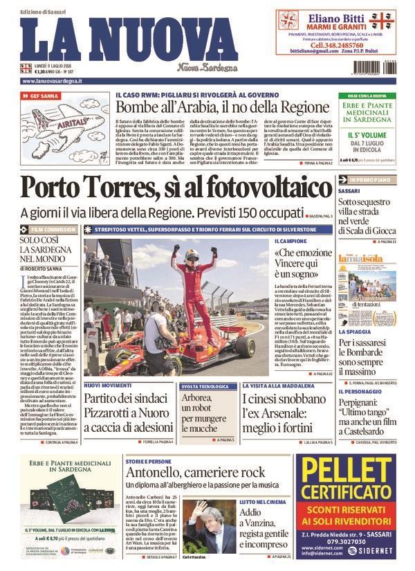 La Nuova Sardegna - Prima Pagina - 9 luglio 2018