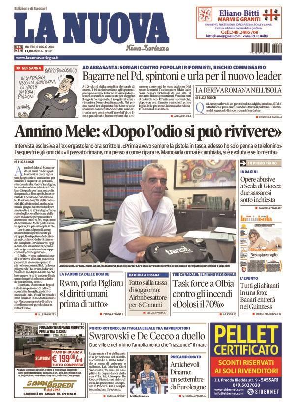 La Nuova Sardegna - Prima Pagina - 10 luglio 2018