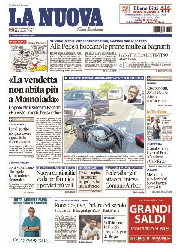 La Nuova Sardegna - Prima Pagina - 11 luglio 2018
