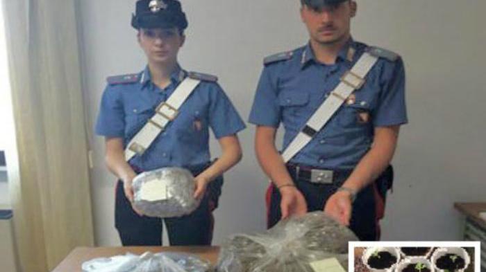 I carabinieri mostrano la droga e la pistola sequestrati
