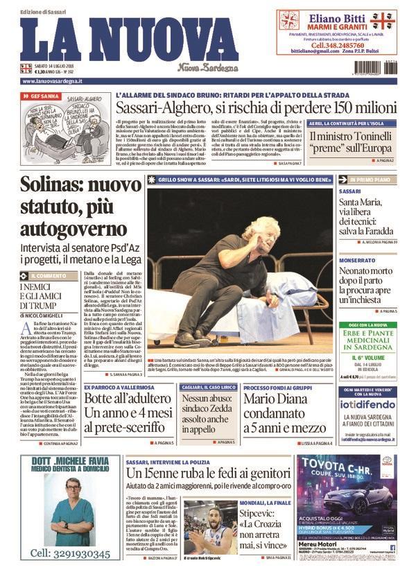 La Nuova Sardegna - Prima Pagina - 14 luglio 2018