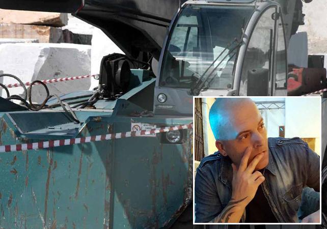 La gru sotto sequestro nel deposito di viale Zaccagna (Foto Cuffaro). Nel riquadro la vittima Luca Savio