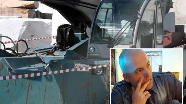 La gru sotto sequestro nel deposito di viale Zaccagna (Foto Cuffaro). Nel riquadro la vittima Luca Savio