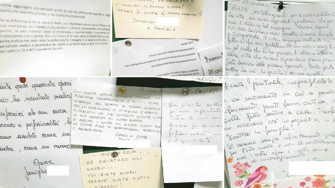 Alcuni dei messaggi sul "muro della riconoscenza" dell'ospedale Cisanello