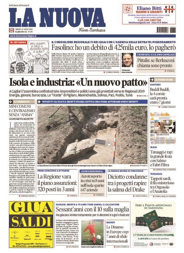 La Nuova Sardegna - Prima Pagina - 21 luglio 2018