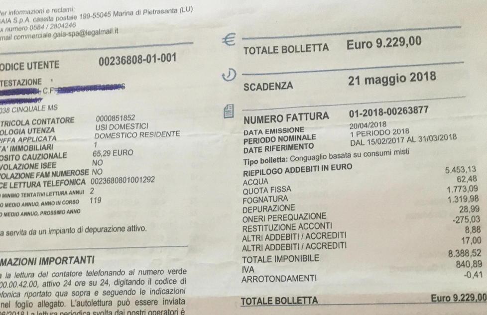 La bolletta di Gaia è maxi, oltre 9mila euro per l’acqua 