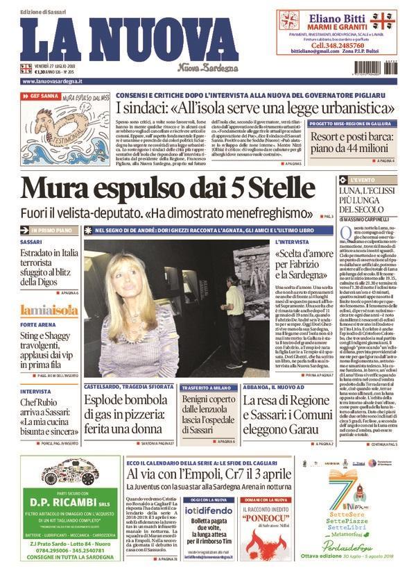 La Nuova Sardegna - Prima Pagina - 27 luglio 2018