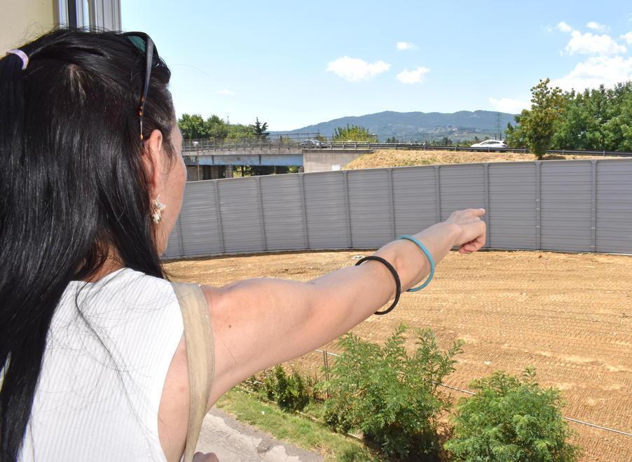 Una residente indica la barriera antirumore (foto Gori)