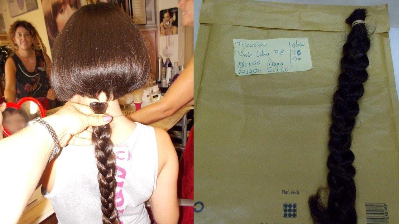 Alba Marina mentre si taglia la treccia dalla parrucchiera. A destra la "spedizione" dei capelli a Roma