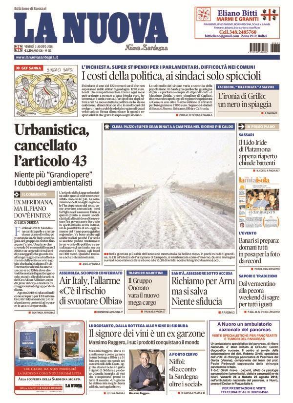 La Nuova Sardegna - Prima Pagina - 3 agosto 2018