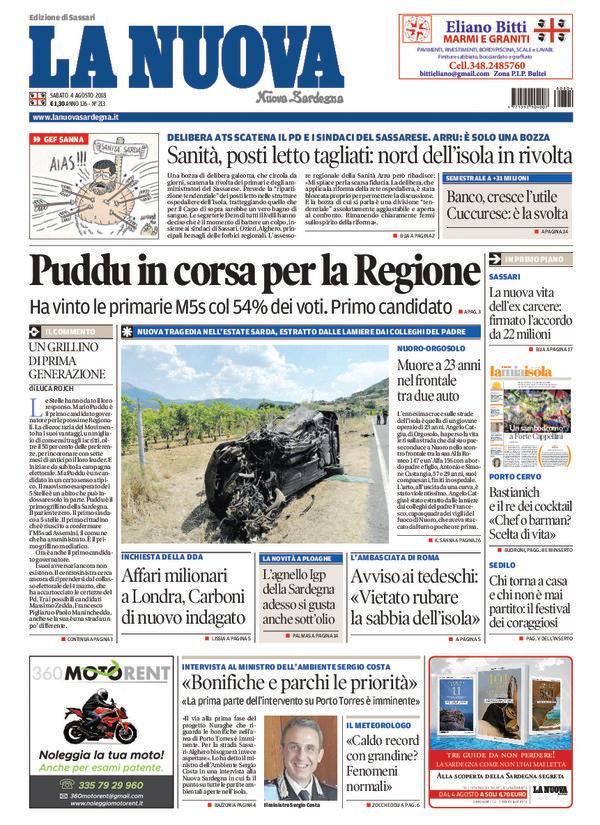 La Nuova Sardegna - Prima Pagina - 4 agosto 2018