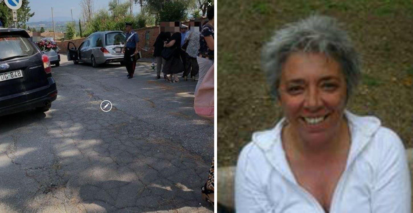 A sinistra il funerale con l'arrivo dei carabinieri e a destra l'insegnante morta 