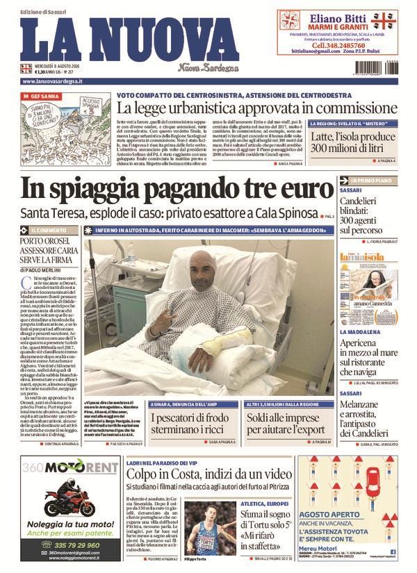 La Nuova Sardegna - Prima Pagina - 8 agosto 2018