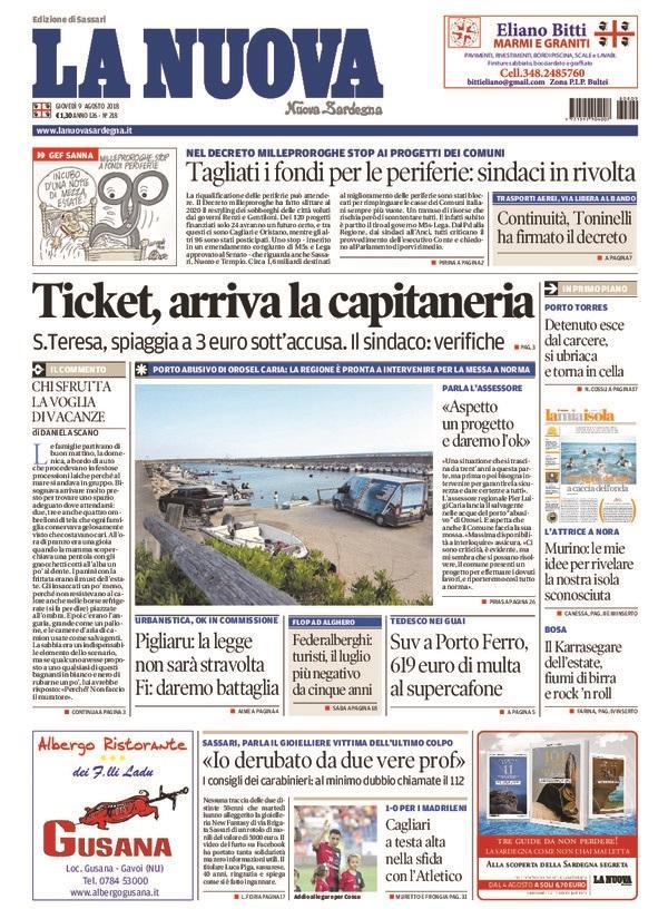 La Nuova Sardegna - Prima Pagina - 9 agosto 2018