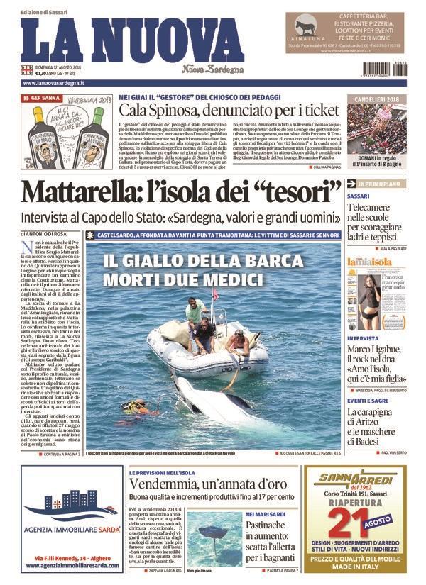 La Nuova Sardegna - Prima Pagina - 12 agosto 2018