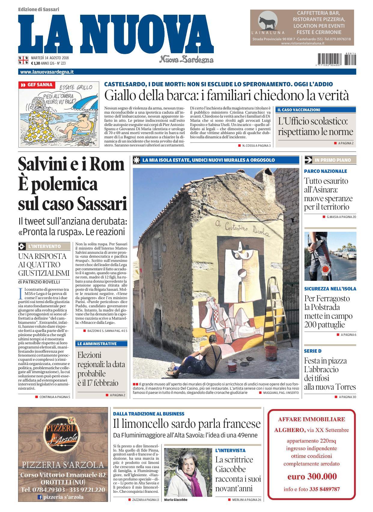 La Nuova Sardegna - Prima Pagina - 14 agosto 2018