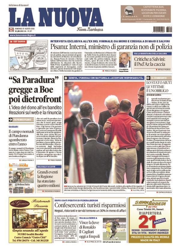 La Nuova Sardegna - Prima Pagina - 19 agosto 2018