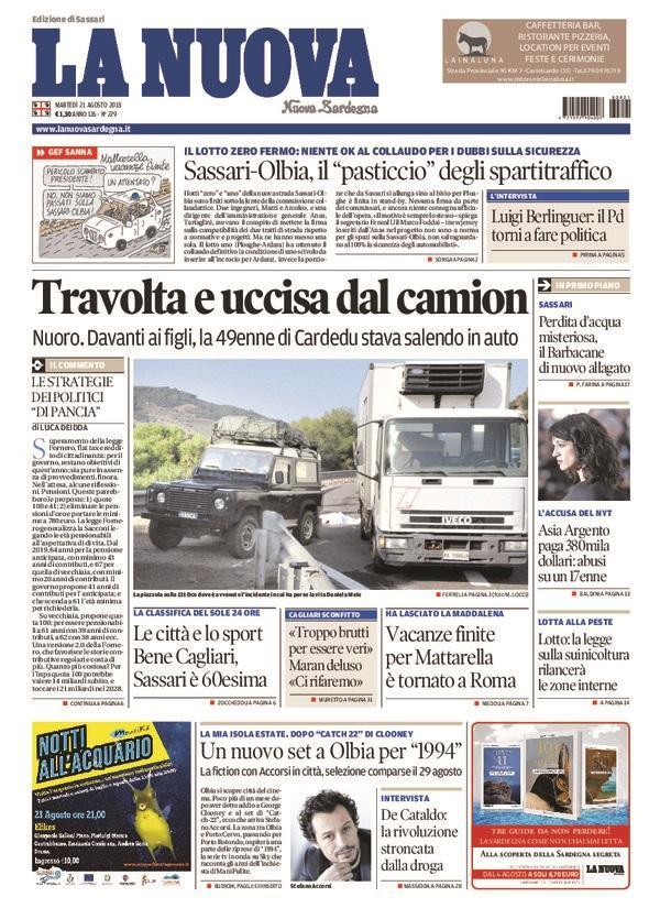 La Nuova Sardegna - Prima Pagina - 21 agosto 2018