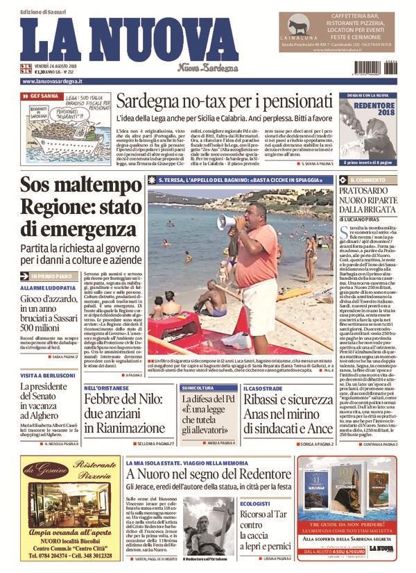 La Nuova Sardegna - Prima Pagina - 24 agosto 2018
