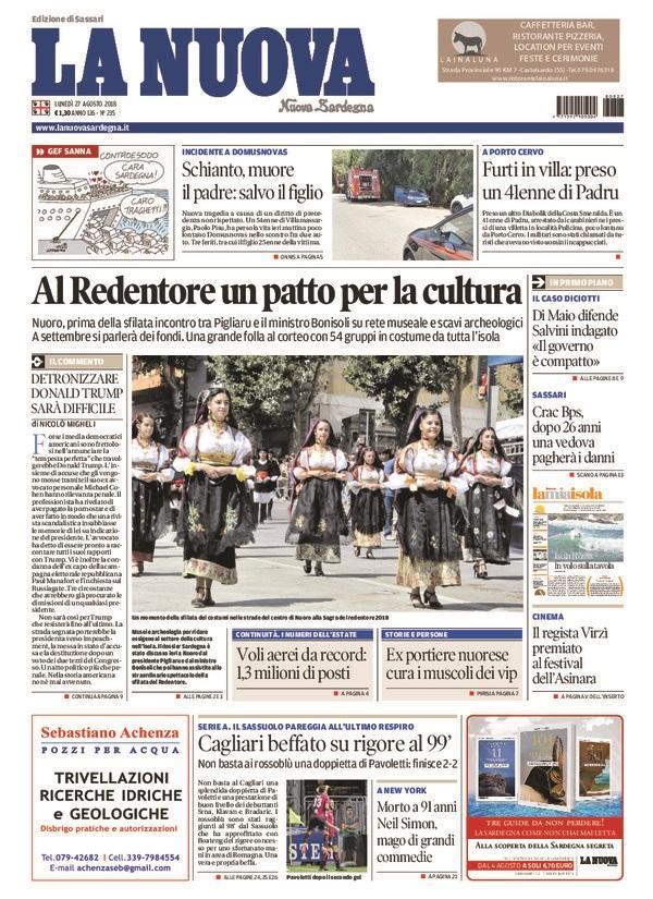 La Nuova Sardegna - Prima Pagina - 27 agosto 2018