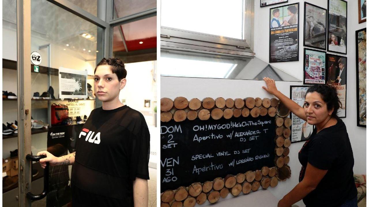 La porta del negozio Oz abbigliamento forzata e la finestra aperta dai ladri per entrare nel Caffè del Teatro (Foto Agenzia Carlo Sestini)