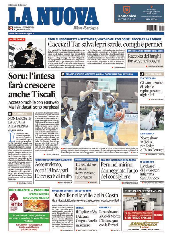 La Nuova Sardegna - Prima Pagina - 2 settembre 2018