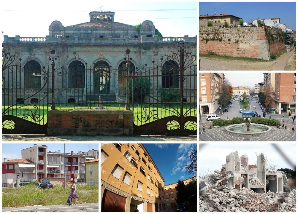 Nella foto grande le Terme del Corallo a Livorno; in senso orario dall'alto: il Bastione delle Forche a Prato, viale Gramsci e zona stazione a Pisa, lo scheletro delle Terme di Roselle a Grosseto, il quartiere San Vito a Lucca, la frazione di Bottegone a Pistoia