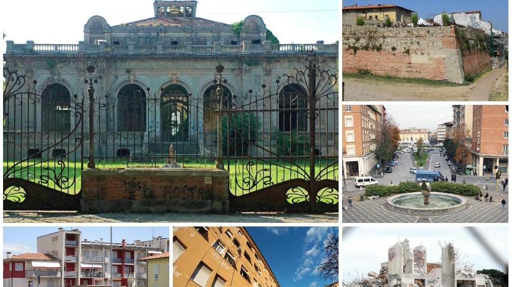 Nella foto grande le Terme del Corallo a Livorno; in senso orario dall'alto: il Bastione delle Forche a Prato, viale Gramsci e zona stazione a Pisa, lo scheletro delle Terme di Roselle a Grosseto, il quartiere San Vito a Lucca, la frazione di Bottegone a Pistoia