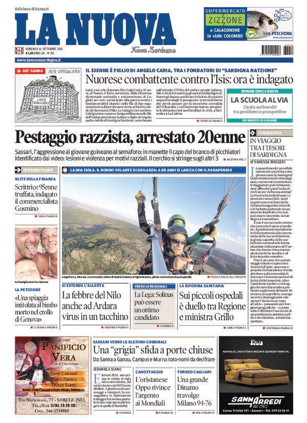 La Nuova Sardegna - Prima Pagina - 16 settembre 2018