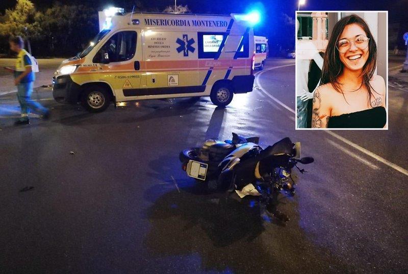 Lo scooter a terra alla Rotonda d'Ardenza e nel riquadro la vittima, Denise Fugi, 25enne livornese