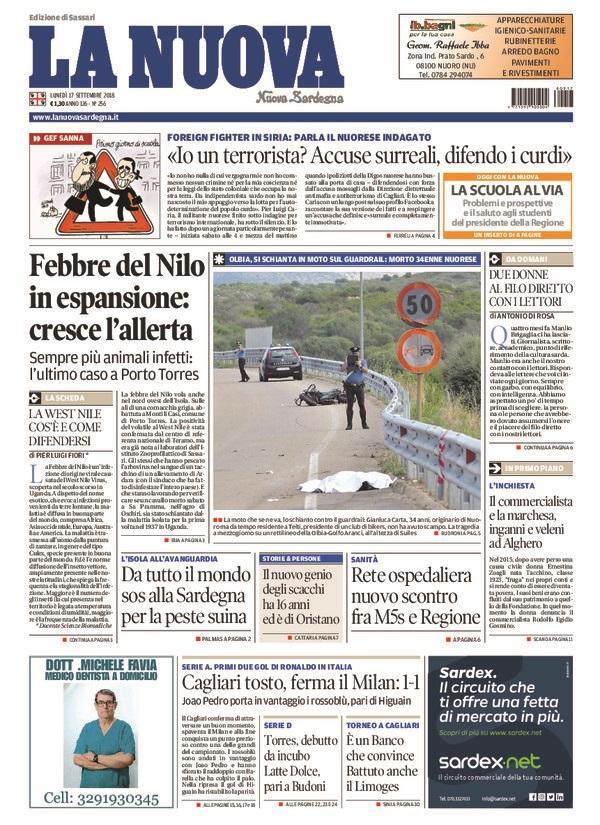 La Nuova Sardegna - Prima Pagina - 17 settembre 2018