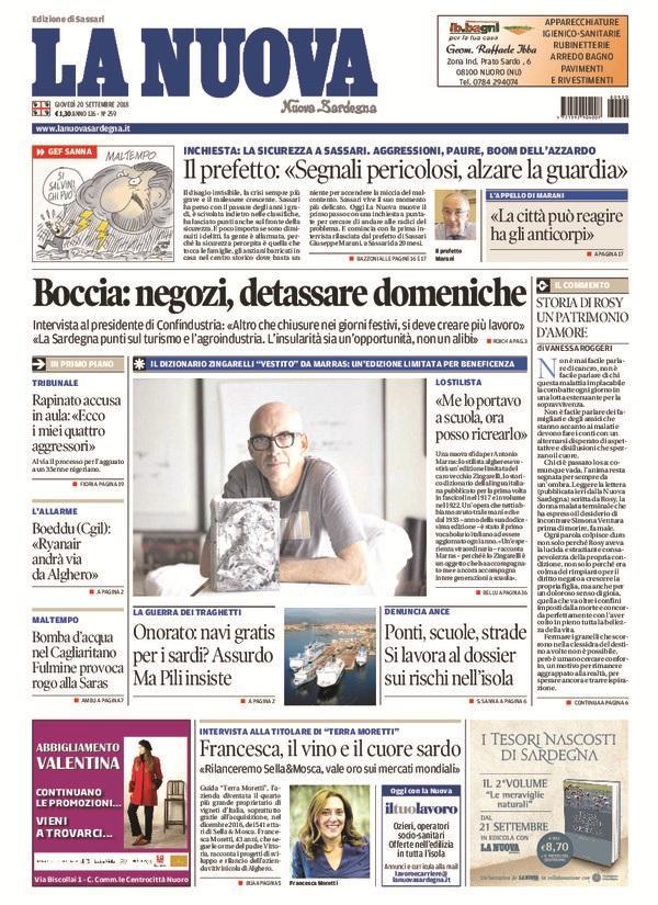 La Nuova Sardegna - Prima Pagina - 20 settembre 2018