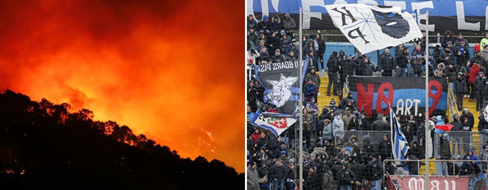 Inferno sul monte Serra, ma il calcio non si ferma di fronte all'emergenza