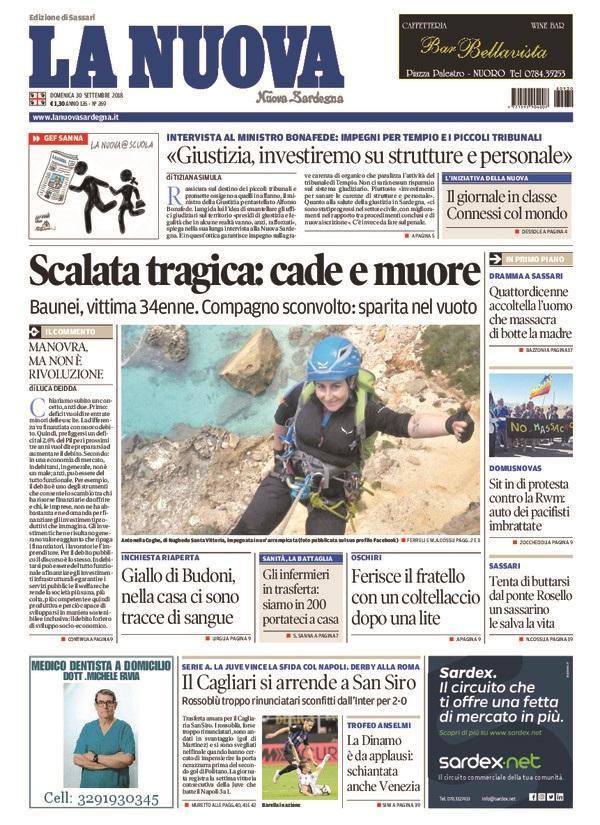 La Nuova Sardegna - Prima Pagina - 30 settembre 2018