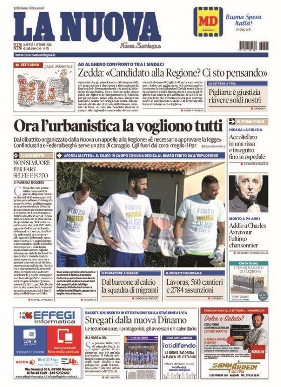 La Nuova Sardegna - Prima Pagina - 2 ottobre 2018