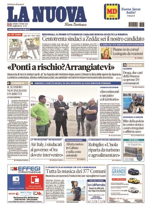 La Nuova Sardegna - Prima Pagina - 5 ottobre 2018
