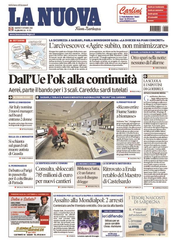 La Nuova Sardegna - Prima Pagina - 9 ottobre 2018